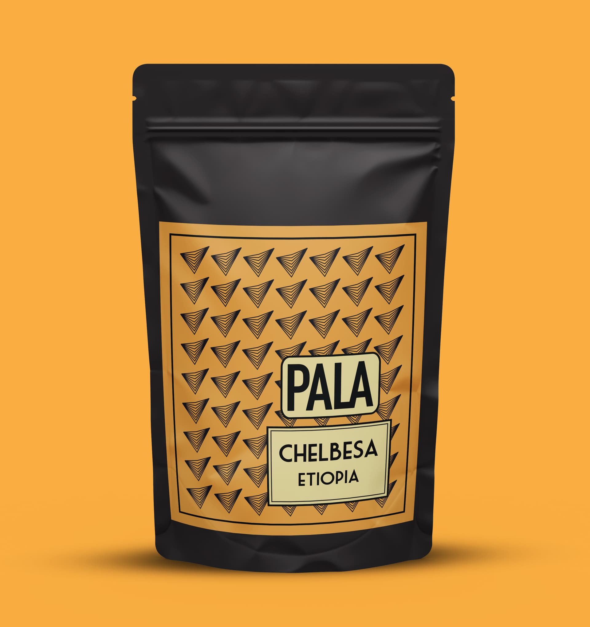 Sort kaffepose med Pala Chelbesa Etiopia-etikett